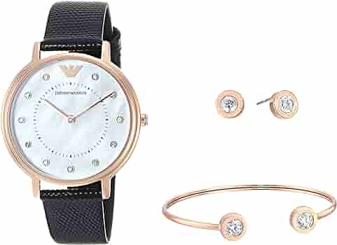 Shop Emporio Armani Kappa Mother of Pearl Dial Black Leather Strap Watch For Women - AR80011 in USA