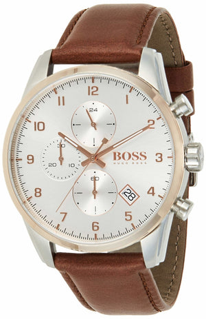 Hugo Boss Skymaster Chronograph White Dial Brown Leather Strap Watch for Men - 1513786