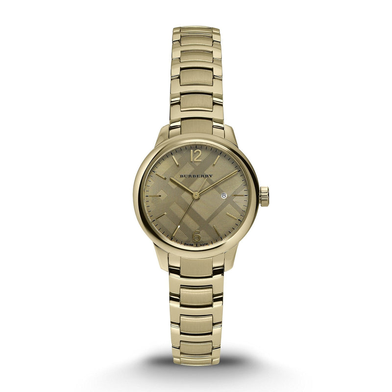 Shop Burberry The Classic Champagne Dial Gold Steel Strap Watch for Women - BU10109 in USA
