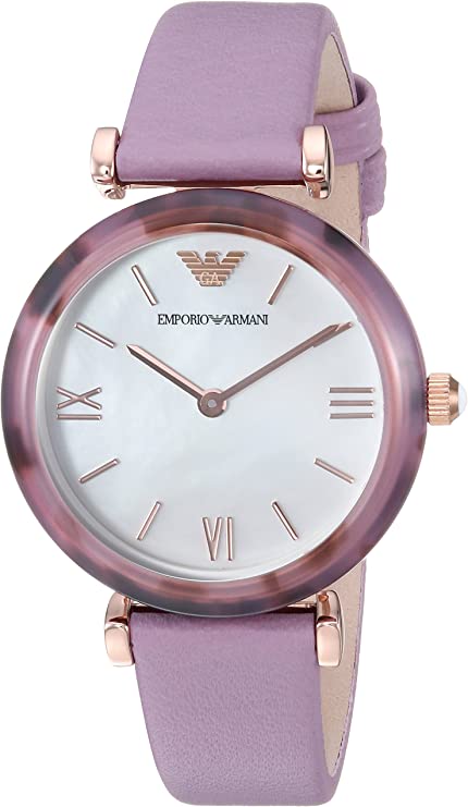 Shop Emporio Armani Gianni Mother of Pearl Dial Purple Leather Strap Watch For Women - AR11003 in USA