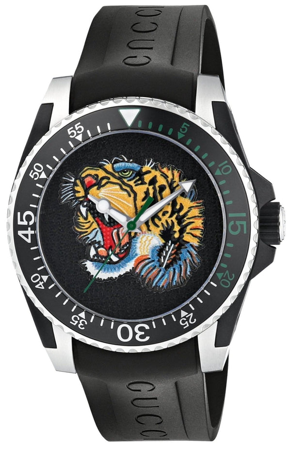 Shop Gucci Dive Tiger Black Dial Black Rubber Strap Watch For Men - YA136318 in USA