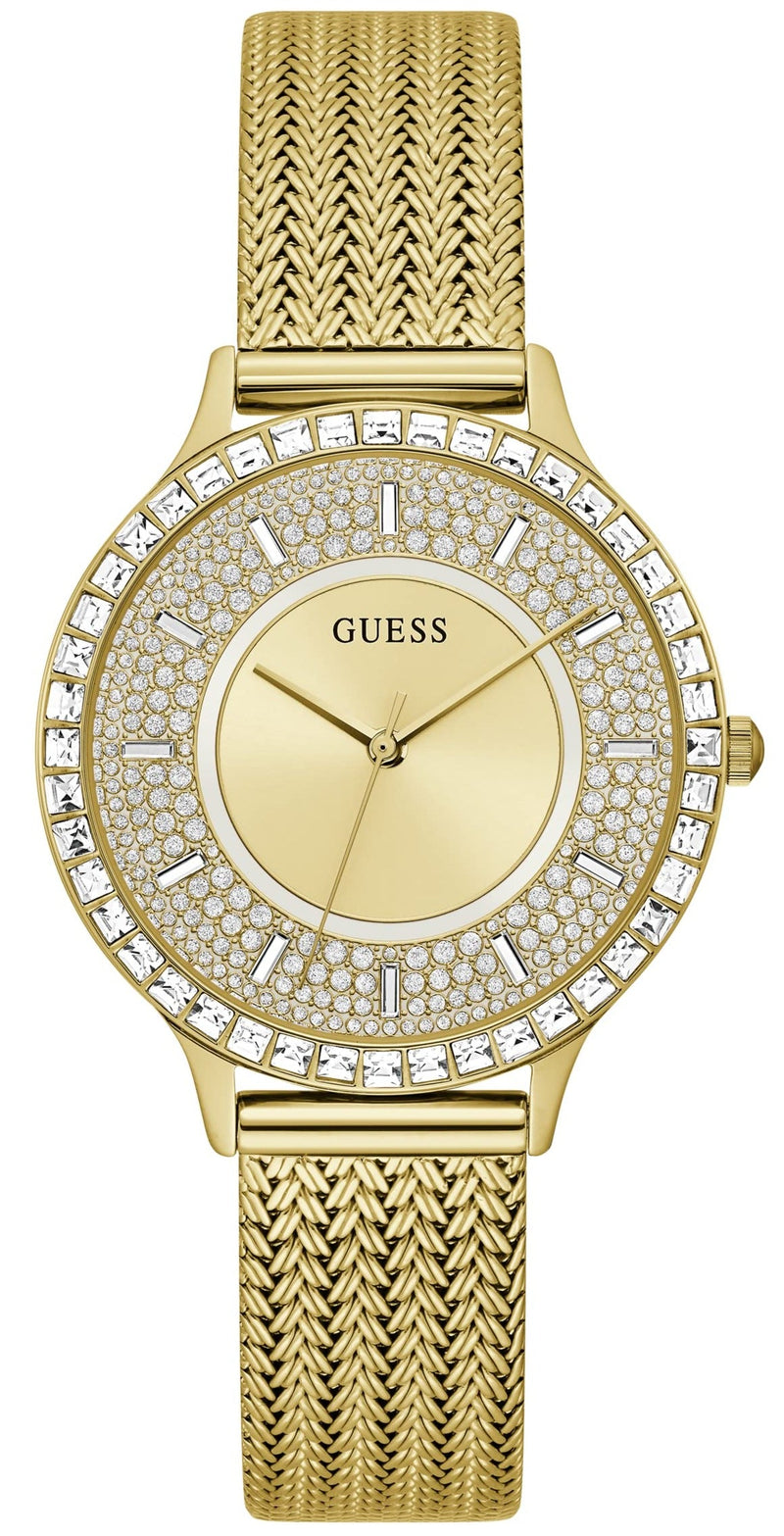 Shop Guess Soiree Diamonds Gold Dial Gold Mesh Bracelet Watch for Women - GW0402L2 in USA