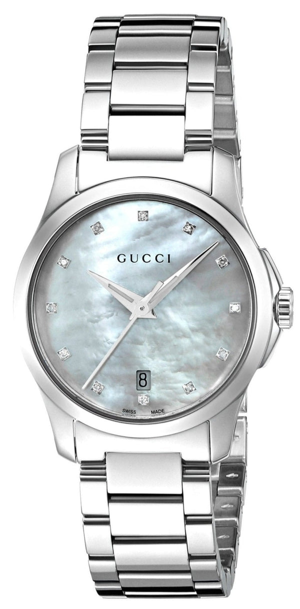 Shop Gucci G Timeless Diamonds Mother of Pearl Dial Silver Steel Strap Watch For Women - YA126542 in USA