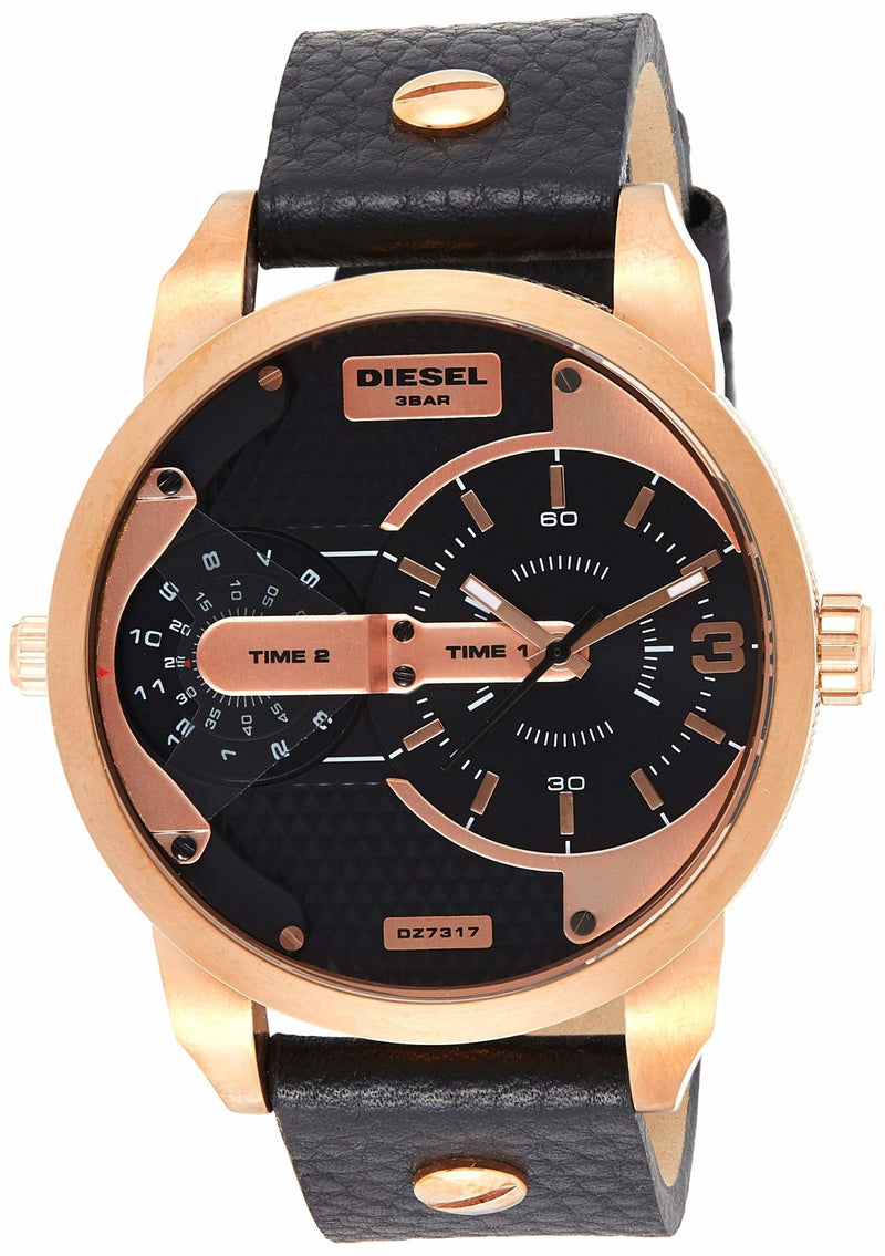 Diesel Mini Daddy Dual Time Black & Gold Dial Black Leather Strap Watch For Men - DZ7317 Buy Now By Diesel