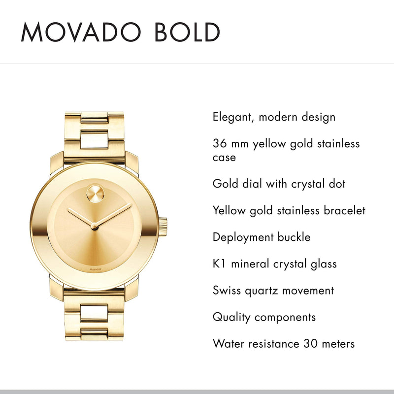 Movado Bold Yellow Gold Dial Yellow Gold Steel Strap Watch For Women - 3600085