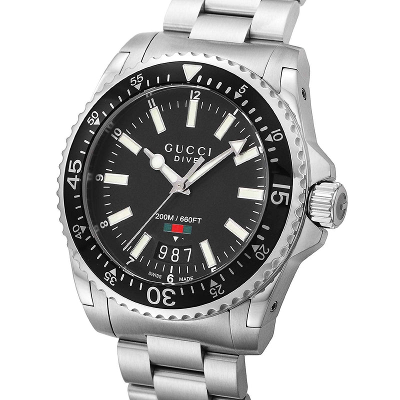 Shop Gucci Dive Quartz Black Dial Silver Steel Strap Watch For Men - YA136301 in USA
