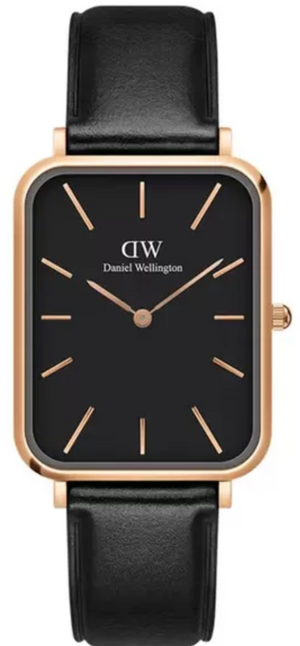 Daniel Wellington Quadro Black Dial Black Leather Strap Watch For Women  - DW00100449