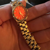 Marc Jacobs Henry Dinky Red Dial Gold Steel Strap Watch for Women - MBM3202