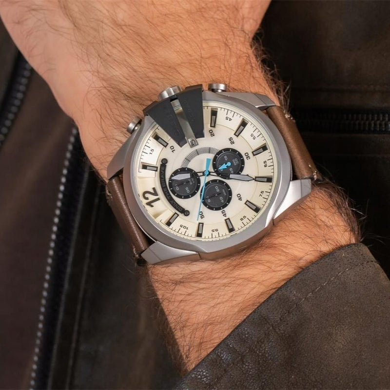 Shop Diesel Mega Chief White Dial Brown Leather Strap Watch For Men - DZ4280 in USA