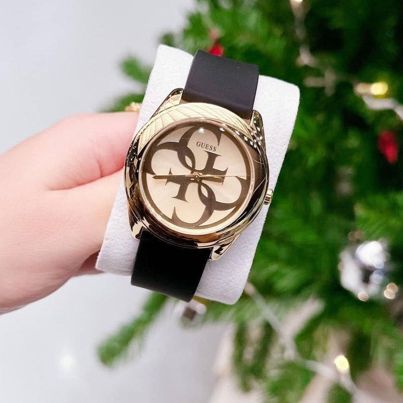 Guess G Twist Gold Dial Black Leather Strap Watch for Women - W0911L3 Buy Now By Guess