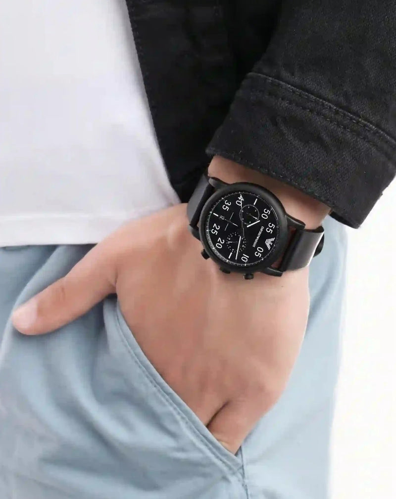 Emporio Armani Luigi Chronograph Black Dial Black Leather Strap Watch For Men - AR11133 Buy Now By Emporio Armani