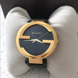Gucci Interlocking G Gold Black Dial Black Leather Strap Unisex Watch - YA133326 Buy Now By Gucci