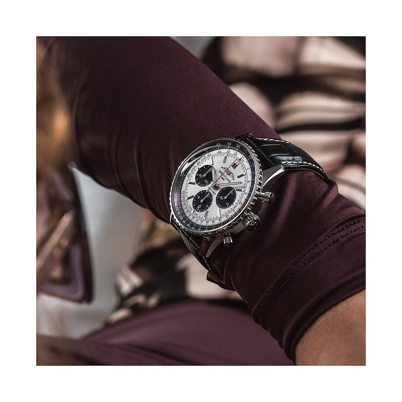 Shop Breitling Navitimer B01 Chronograph 43 Silver Dial Black Leather Strap Watch for Men - AB0138241G1P1 in USA