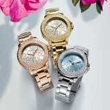 Guess Crown Jewel Multifunction Diamonds White Dial Rose Gold Steel Strap Watch For Women - GW0410L3 Buy Now By Guess