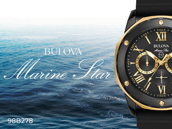 Bulova Marine Star Chronograph Black Dial Black Rubber Strap Watch for Men - 98B278 Buy Now By Bulova