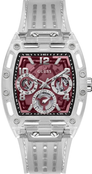 Shop Guess Phoenix Quartz Burgundy Dial Transparent Silicone Strap Watch For Men - GW0499G9 in USA