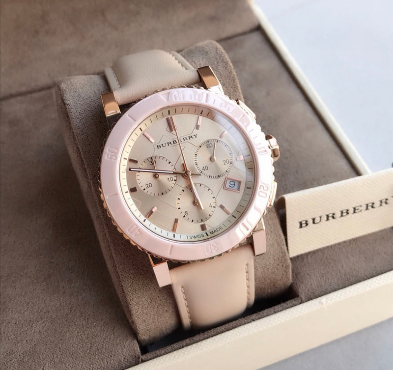 Shop Burberry The City Chronograph Rose Gold Dial Beige Leather Strap Watch For Women - BU9702 in USA