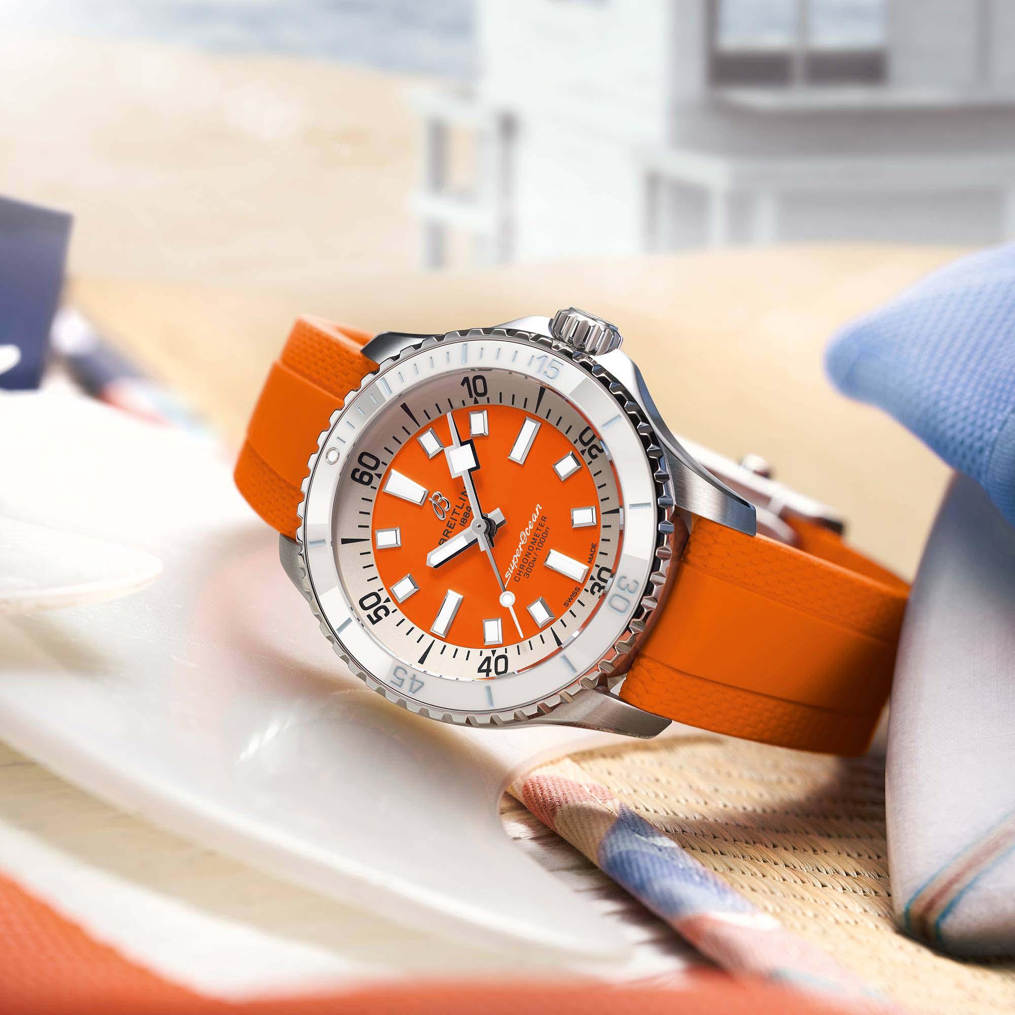 Breitling Superocean Automatic 36 Orange Dial Orange Rubber Strap Watch for Men - A17377211O1S1