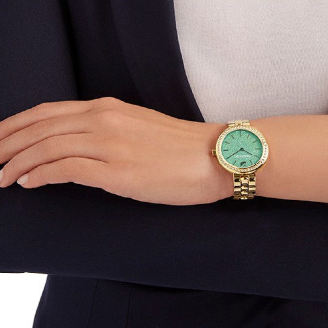 Shop Swarovski Daytime Crystals Turquoise Dial Gold Steel Strap Watch for Women - 5182212 in USA