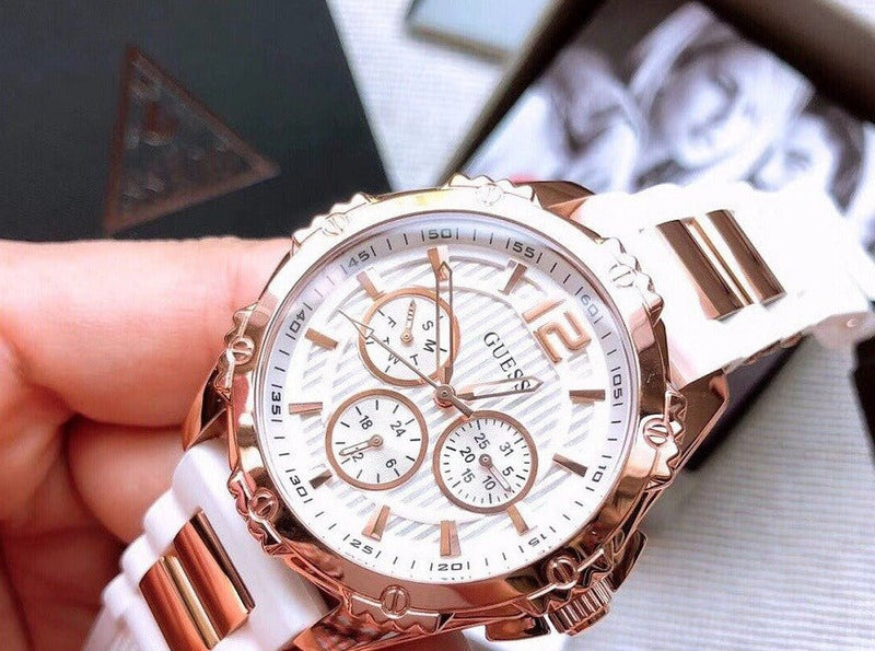 Guess Intrepid White Dial Two Tone Silicone Strap Watch For Women - W0325L6 Buy Now By Guess
