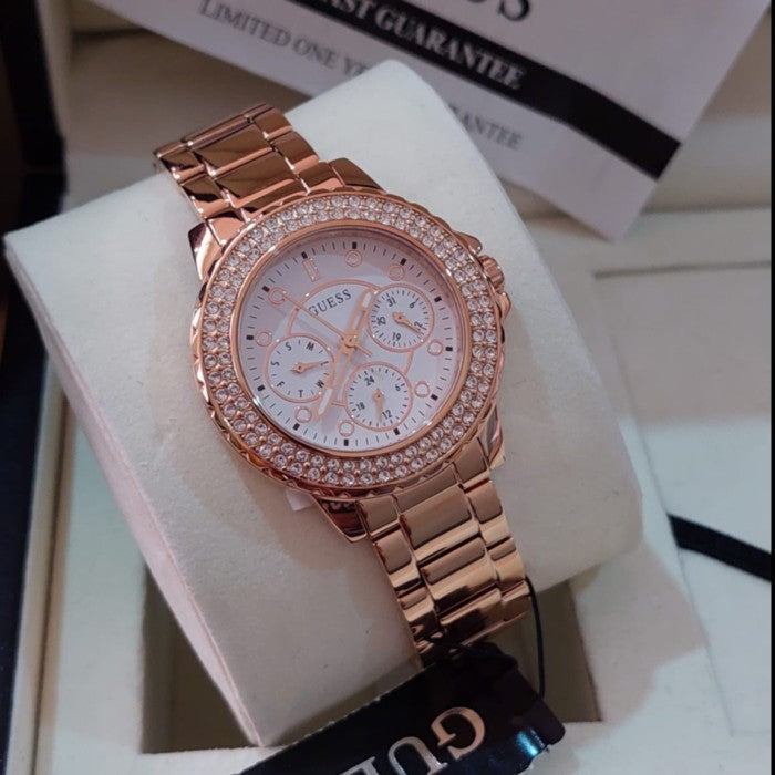 Guess Crown Jewel Multifunction Diamonds White Dial Rose Gold Steel Strap Watch For Women - GW0410L3 Buy Now By Guess