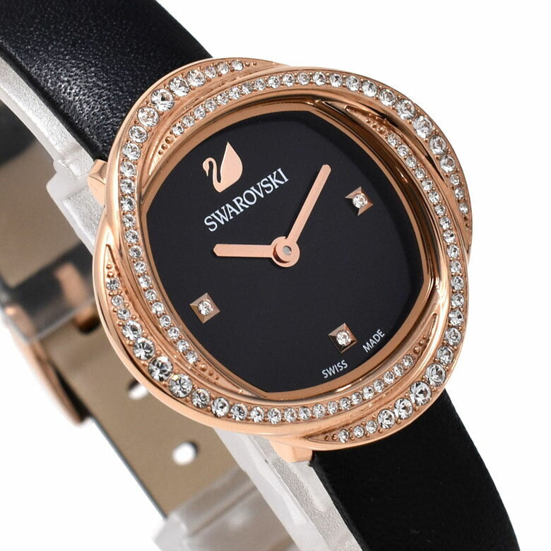 Shop Swarovski Crystal Flower Black Dial Black Leather Strap Watch for Women - 5552421 in USA