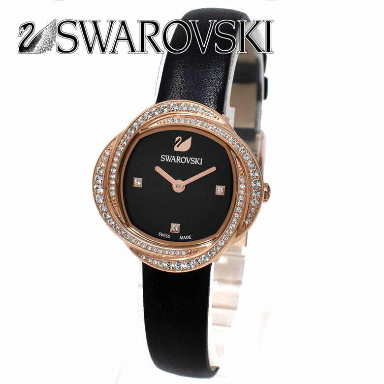 Shop Swarovski Crystal Flower Black Dial Black Leather Strap Watch for Women - 5552421 in USA