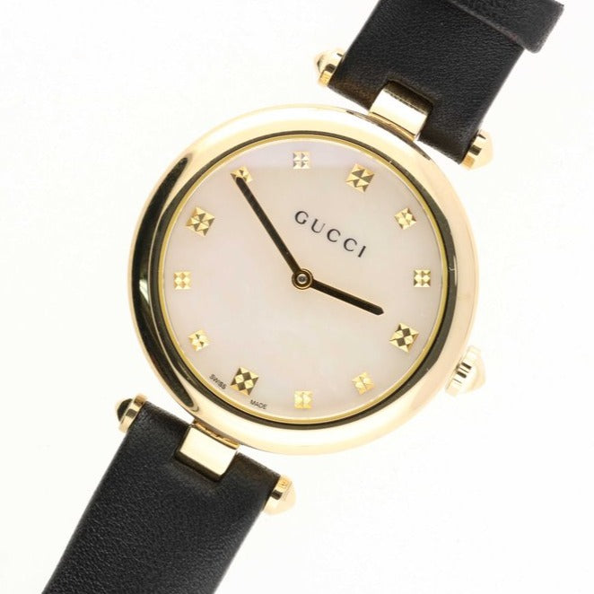Shop Gucci Diamantissima Quartz Mother of Pearl Dial Black Leather Strap Watch for Women - YA141404 in USA