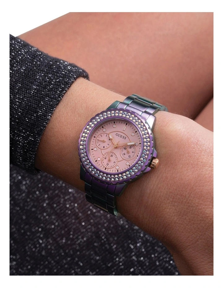 Shop Guess Crown Jewel Diamonds Purple Dial Purple Steel Strap Watch for Women - GW0410L4 in USA
