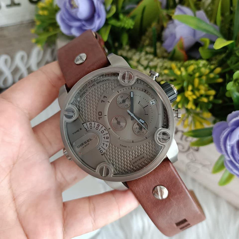 Diesel Little Daddy SBA Small Sized Grey Dial Brown Leather Strap Watch For Men - DZ7258 Buy Now By Diesel