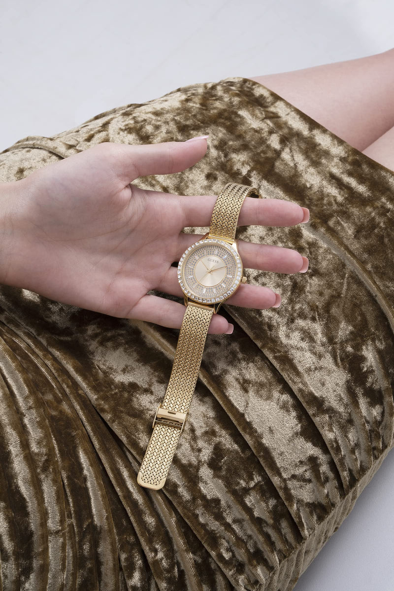 Shop Guess Soiree Diamonds Gold Dial Gold Mesh Bracelet Watch for Women - GW0402L2 in USA