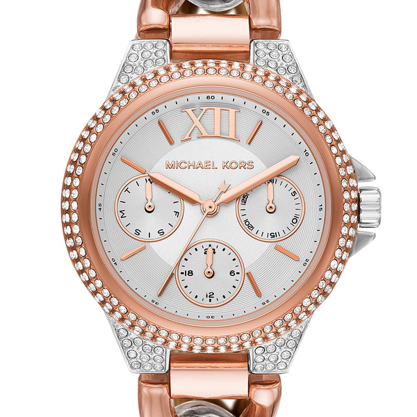 Shop Michael Kors Camille Pavé Chronograph Silver Dial Two Tone Steel Strap Watch for Women - MK6843 in USA