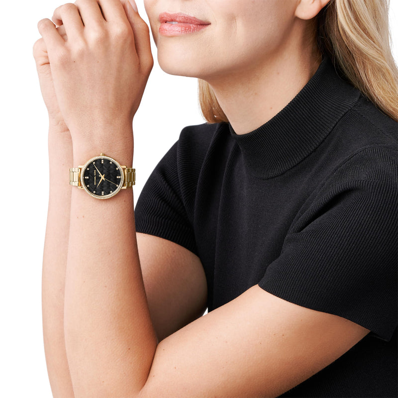 Michael Kors Pyper Three-Hand Black Dial Gold Steel Strap Watch For Women - MK4593 Buy Now By Michael Kors