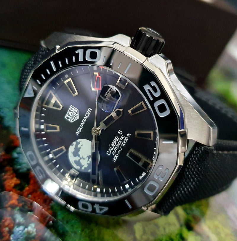 Tag Heuer Aquaracer Calibre 5 Moon Black Dial Black Nylon Strap Watch for Men - WAY201J.FC6370
