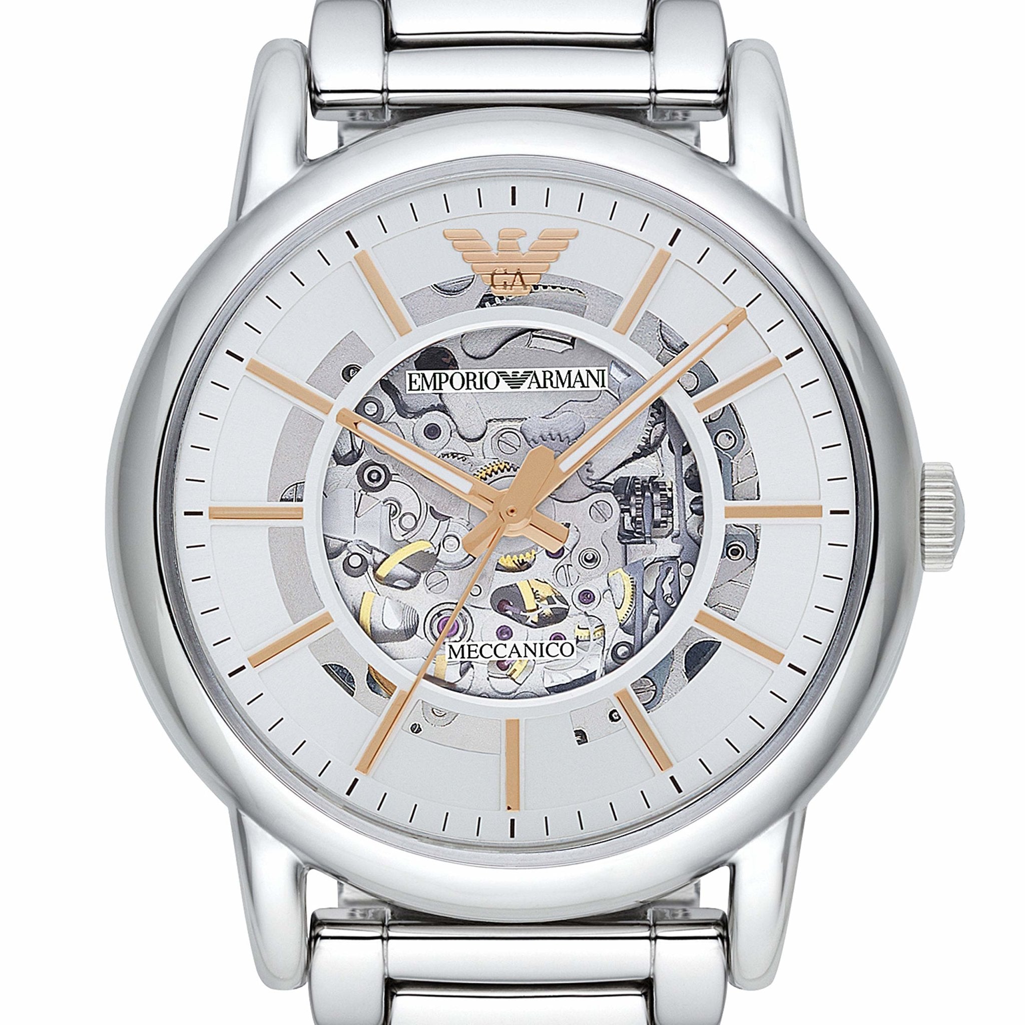 Emporio Armani Meccanico Skeleton Silver Dial Silver Steel Strap Watch For Men - AR1980