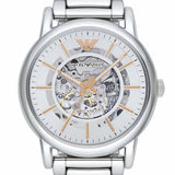 Emporio Armani Meccanico Skeleton Silver Dial Silver Steel Strap Watch For Men - AR1980