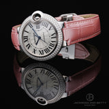 Shop Cartier Ballon Bleu De Cartier Diamonds Silver Dial Pink Leather Strap Watch for Women - WE902037 in USA