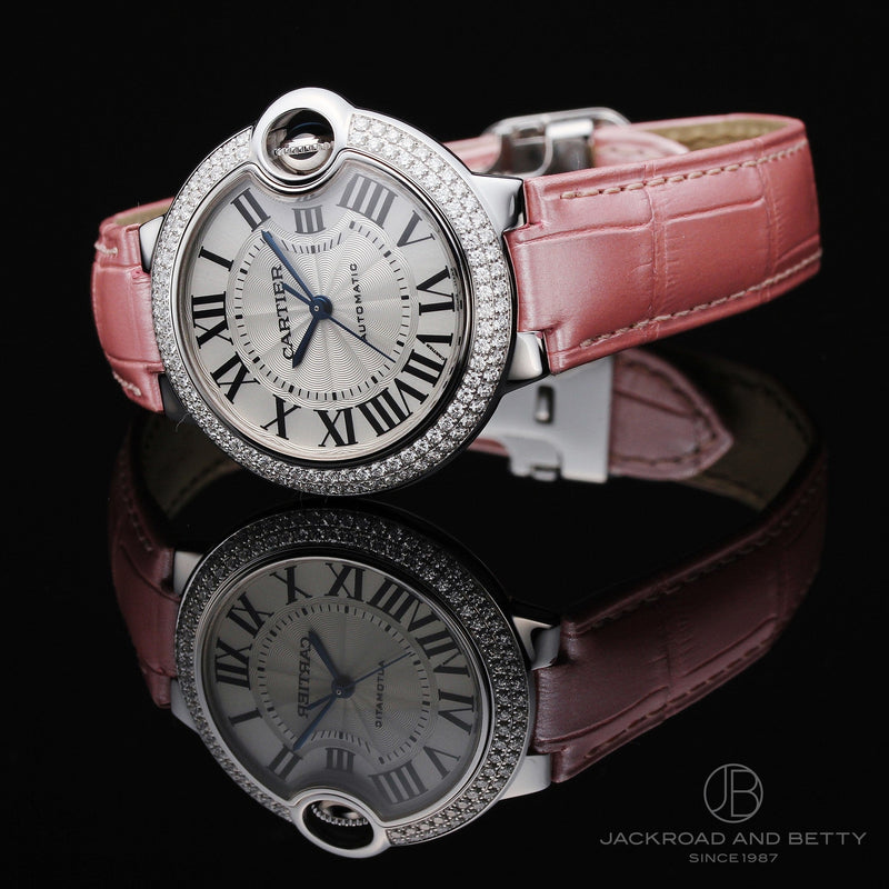 Shop Cartier Ballon Bleu De Cartier Diamonds Silver Dial Pink Leather Strap Watch for Women - WE902037 in USA