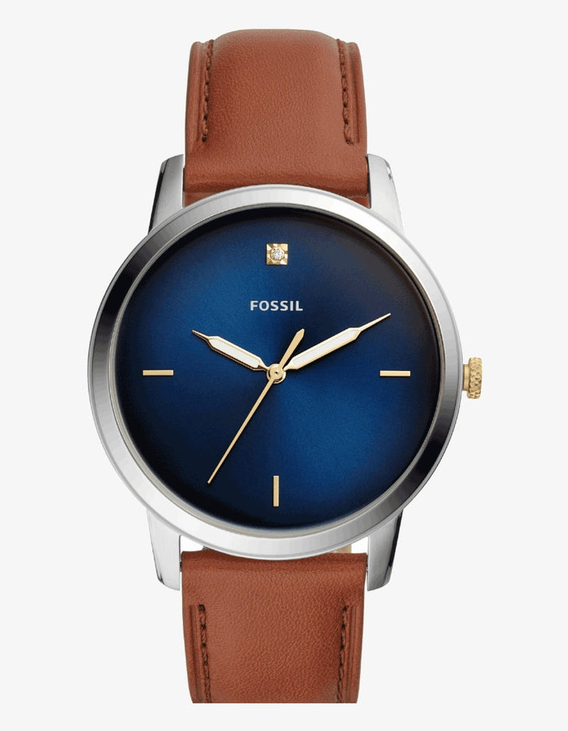 Shop Fossil The Minimalist 3H Blue Dial Brown Leather Strap Watch for Men - FS5499 in USA