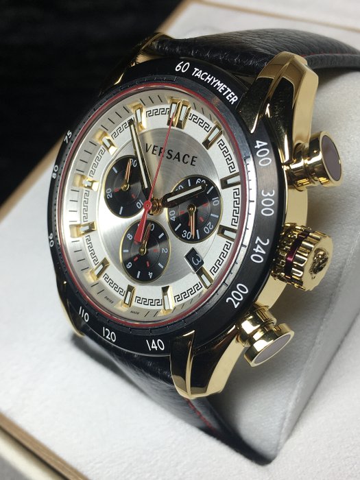 Versace V-Ray Chronograph White Dial Black Leather Strap Watch for Men - VDB040014