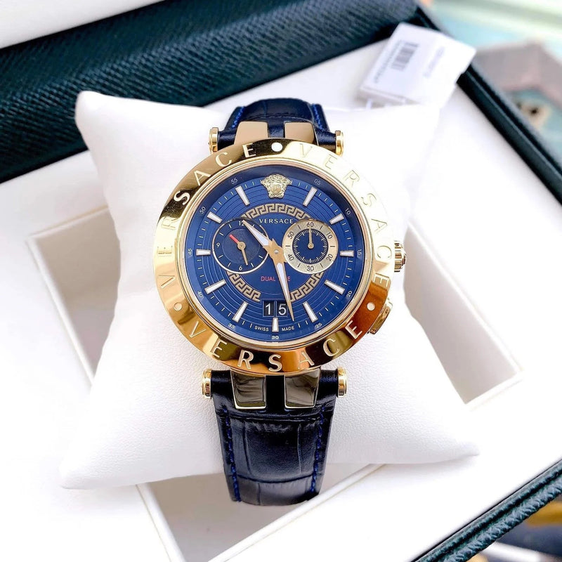 Versace V-Race Multifunction Quartz Blue Dial Blue Leather Strap Watch For Men - VEBV00219 Buy Now By Versace