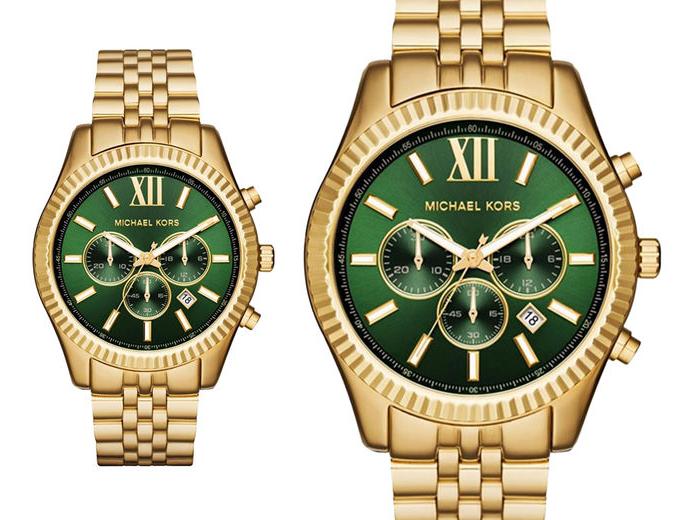 Michael Kors Lexington Chronograph Green Dial Gold Steel Strap Watch for Men - MK8446