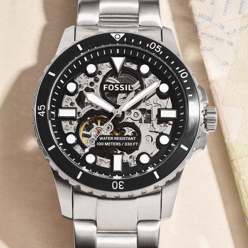 Fossil FB-01 Automatic Skeleton Black Dial Silver Steel Strap Watch for Men - ME3190 Buy Now By Fossil