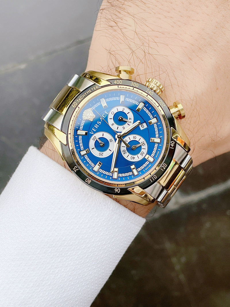 Versace V-Ray Chronograph Quartz Blue Dial Two Tone Steel Strap Watch For Men - VE2I01021 Buy Now By Versace