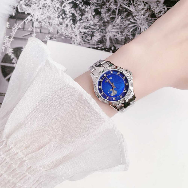 Bulova Crystal Collection Blue Mother of Pearl Dial Silver Steel Strap Watch for Women - 96L238 Buy Now By Bulova