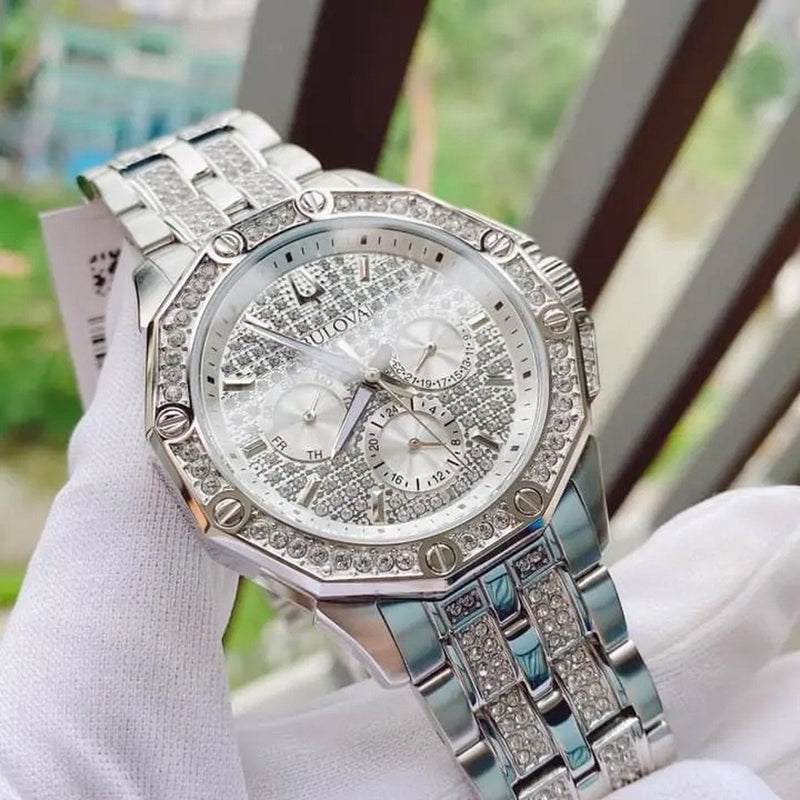 Bulova Crystal Collection Pave Silver Dial with Crystals Silver Steel Strap Watch for Men - 96C134 Buy Now By Bulova