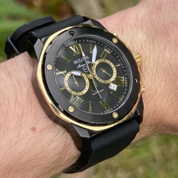 Bulova Marine Star Chronograph Black Dial Black Rubber Strap Watch for Men - 98B278 Buy Now By Bulova