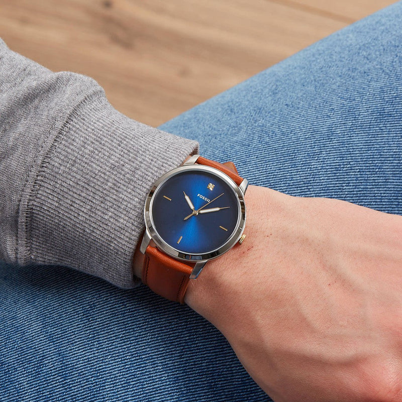 Shop Fossil The Minimalist 3H Blue Dial Brown Leather Strap Watch for Men - FS5499 in USA
