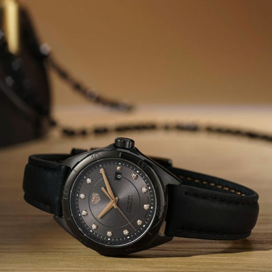 Shop Tag Heuer Formula 1 Diamonds Black Dial Black Leather Strap Watch for Women - WBJ1417.FC8234 in USA