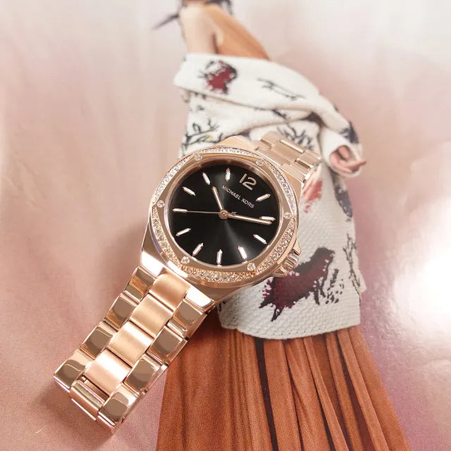 Michael Kors Lennox Three-Hand Black Dial Rose Gold Steel Strap Watch For Women - MK7233 Buy Now By Michael Kors